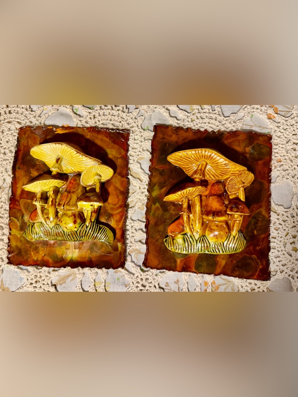 Vintage 1970s 3D ceramic mushrooms on metal wall plaques